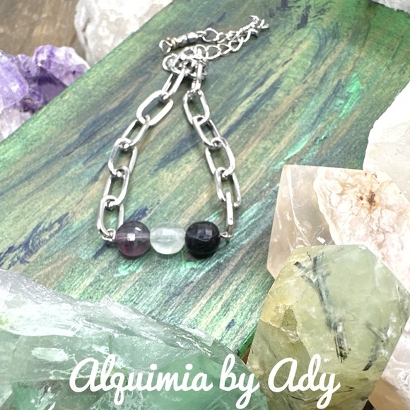 Fluorite beaded bracelet chunky curb link adjustable bracelet - Picture 1 of 5